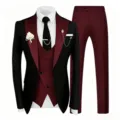 Ensemble costume homme 3 pièces veste gilet pantalon mariage affaires vue détaillée - Noir Rouge Vin