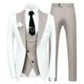 Men elegant 3 piece suit white jacket grey vest pants wedding business formal tuxedo outfit - White And Beige