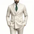 Men's double-breasted beige suit two-piece set slim fit business casual blazer with gold buttons - US Size XXS / Tops / Beige