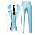 Men's 3-piece suit set white blazer blue vest pants formal wedding prom business outfit - XS / Set / White Light Blue