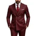 Men's double-breasted burgundy suit set slim fit business wedding groomsmen blazer - US Size XXS / Tops / Burgundy