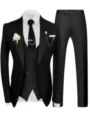 Vue détaillée du costume trois pièces noir pour homme avec gilet, cravate et broche. - Noir