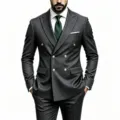Close-up of a dark double-breasted suit jacket with gold buttons, white shirt and green tie. - US Size XXS / Tops / Dark Gray