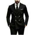 Detailed view of a classic black double-breasted men suit featuring elegant gold buttons. - US Size XXS / Tops / Black