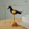 Hand-painted wooden bird sculpture decorative tabletop ornament with natural wood base display. - Black Bird with Base