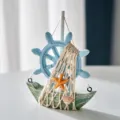 Mediterranean wooden sailboat model desktop decor with steering wheel, net and starfish. - Green Helmsman Boat