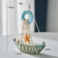 Mediterranean vintage wooden sailboat model with life ring and starfish ornament for home decor. - Green Lifering Boat