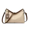 Beige PU Lederen Damestas Schoudertas met Bruine Afwerking en Verstelbare Schouderriem - Khaki