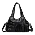 Zwarte zachte leren schoudertas voor dames, casual crossbody tas met stijlvolle metalen gespen. - Zwart