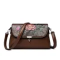 Vintage bruine leren schoudertas voor vrouwen elegante bloemen reliëf crossbody tas - Bruin
