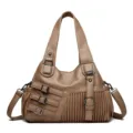 Vrouwen bruine zachte lederen schoudertas casual crossbody tas met gespen en plooien - Licht kaki