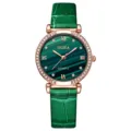 Women quartz watch with green malachite dial rose gold crystal bezel leather strap stylish - Green