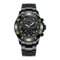 OLIKA men's black stainless steel chronograph watch with green bezel markers and date display. - Black Steel Band Black Dial