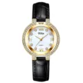 Women quartz watch with rhinestone bezel, white mother-of-pearl dial and black leather strap. - Gold