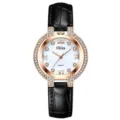 Olika women watch stylish rhinestone quartz watch with black leather strap and pearl dial. - Rose Gold