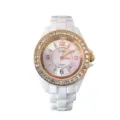 Women white ceramic quartz watch with crystal bezel and calendar display for daily fashion. - Ceramic White