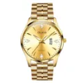 Men gold quartz watch stainless steel strap luxury business wristwatch with calendar display. - Gold