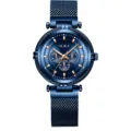 Blue women quartz watch with magnetic mesh strap and wire bezel design for daily wear style - Blue