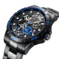 Men automatic mechanical watch skeleton dial black steel band luxury business waterproof - Black Case Blue Dial Steel Bracelet