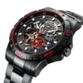Men's automatic mechanical watch, black skeleton dial with red accents, steel strap variant. - Black Case Red Dial Steel Strap