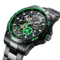 Men's automatic skeleton mechanical watch in black steel with green bezel accents and metal strap. - Black Case with Green Dial and Steel Band