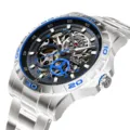 Men automatic mechanical watch skeleton stainless steel silver blue sport luxury wristwatch - Silver Case Blue Dial Steel Strap