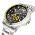 Luxury men's automatic mechanical wristwatch with skeleton dial and stainless steel strap. - Silver Case, Yellow Dial, Steel Strap