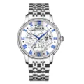 Stainless steel automatic mechanical skeleton watch for men with blue roman numerals. - White