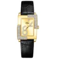 Women gold rectangular rhinestone quartz watch with black leather strap main view - Luxury Gold