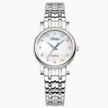 Women's silver stainless steel quartz watch with mother-of-pearl dial and crystal markers. - All Silver White Dial