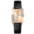 Women quartz watch with rectangular rose gold rhinestone case and chic black leather strap. - Rose Gold