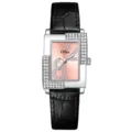Women fashion quartz watch with square rhinestone bezel, pink dial and black leather strap. - Elegant Pink