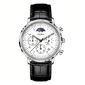Men's quartz watch business casual timepiece with moon phase display and black leather strap. - Silver Leather Strap