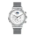 Stainless steel quartz watch with white dial, moon phase subdial and silver mesh strap. - Silver Steel Mesh Strap