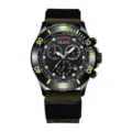 Men's quartz chronograph watch featuring a black dial, green luminous bezel, and canvas strap. - Green Fabric Strap with Black Dial