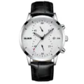 OLIKA men casual quartz watch with white textured dial, chronograph and black leather strap. - White Face Genuine Leather