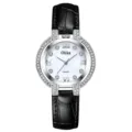 Elegant women quartz watch featuring black leather strap and dazzling rhinestone bezel. - Silver