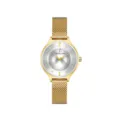 Women's gold mesh strap quartz watch with crystal markers and silver dial for daily wear. - Gold