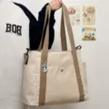 Women large capacity canvas tote bag casual shoulder handbag with contrast straps - Cup Holder Style / Black