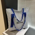 Striped canvas tote bag for women, large capacity casual shoulder bag and commuter handbag. - Blue Letter Ribbon
