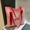 Summer red white striped canvas tote bag large capacity casual shoulder bag for women - Red Letter Ribbon