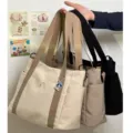 Casual canvas tote bag for women, large capacity shoulder bag with multi pockets and cute pendant. - Cup Holder Style / Khaki