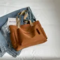Brown canvas tote bag casual commuter large capacity shoulder bag underarm bag handbag style. - Brown