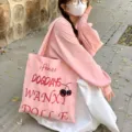 Pink canvas tote bag with stylish red letter print and cherry motif, large capacity for daily use. - Cherry Letter / Pink