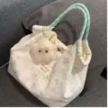Cute cartoon rabbit print canvas tote bag, large capacity student commuter shoulder handbag. - Cartoon Rabbit With Pendant / Green