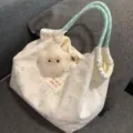 Canvas tote shoulder bag for women, cute cartoon rabbit print with plush pendant daily bag - Cartoon Rabbit Without Pendant / Green
