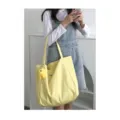 Light yellow canvas tote bag for women, casual shoulder bag with letter print and cute chick pendant. - Regular Inner Pocket / Yellow