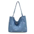 Casual blue denim tote bag for women with cute white bow print, large capacity shoulder bag. - Denim Blue