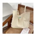 Canvas tote bag with green letter embroidery, minimalist casual shoulder bag for students. - Zippered Inner Pocket / White