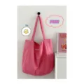 Pink canvas tote bag with letter embroidery, casual shoulder bag for daily student use and shopping. - Zippered Inner Pocket / Pink